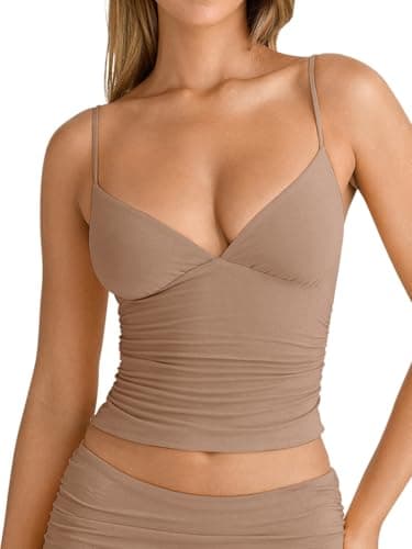 PINKMSTYLE V Neck Camisole Tops for Women Spaghetti Strap Double Lined Tank Top Ruched Crop Tank Tops Slim Fit Cami Shirt Apricot Large - Image 1