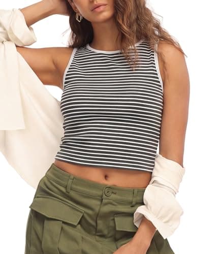 HiMONE Women’s Slim Fit Striped Tank Top Sleeveless Crew Neck Cropped Casual Summer Stretch Knit Top XS - Image 1