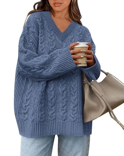 Okiwam Women's Oversized Sweaters Long Sleeve V Neck Cable Knit Pullover Tops Fall Outfits Spring Fashion Clothes 2026-M Blue - Image 1