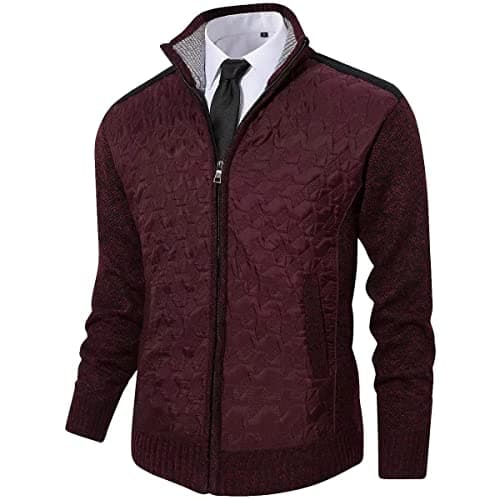 Msmsse Men's Full Zip Cardigan Sweater for Men Causal Thick Slim Fit Knitted Sweaters Jacket Wine Red M - Image 1