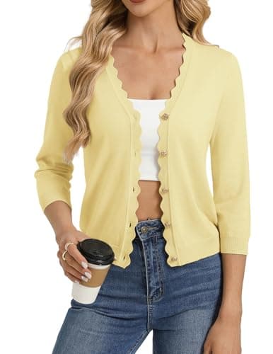 GRACE KARIN Womens Yellow Cropped Cardigan Sweater, 3/4 Sleeve Lightweight Shrugs Trendy, Business Casual Spring Outfit - Image 1
