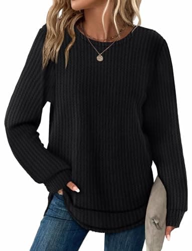 WIHOLL Black Tops for Women Trendy Waffle Knit Long Sleeve Shirts Fall Clothes School Outfits for Teachers Chic Crewneck Sweatshirts Western Outfit Spring Fashion 2026 M - Image 1