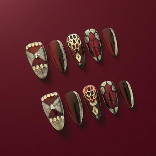 Tesytto Dark Red Press on Nails Luxury Medium Almond, Handmade Fake Nails 3D Design with Snake Charm Rhinestones Glossy Full Cover Thick Acrylic Nails for Valentine's Day(Red Flame,S) - Image 1