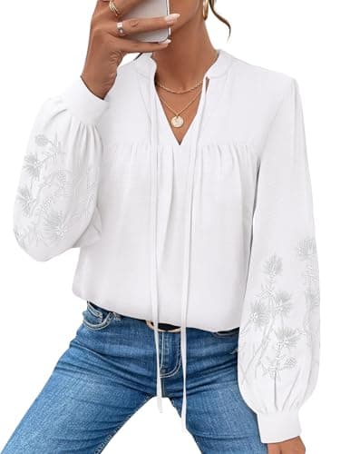 LOOKBOHO Womens Dressy Blouses Casual Mexican Floral Embroidered Long Sleeve Shirts V Neck Pleated Loose Fit Boho Tops S - Image 1