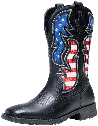 Jousen Cowboy Boots for Men Western Boot Side Zipper American Flag Retro Square Toe Mid-Calf Mens Boots(AMY8428 black 12) - Image 1
