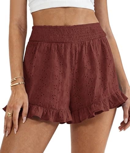 PRETTYGARDEN Shorts for Women Summer 2026 Beach Vacation Clothes Spring Elastic Waist Embroidered Ruffle Shorts with Pockets(Brick Red,X-Large) - Image 1