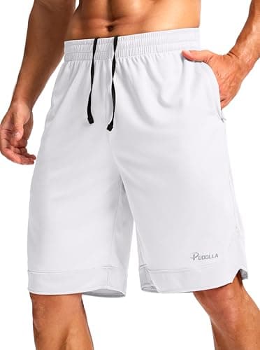 Pudolla Men's Basketball Shorts with Zipper Pockets 11" Long Gym Athletic Shorts for Men Lightweight Quick Dry(White x-Large) - Image 1