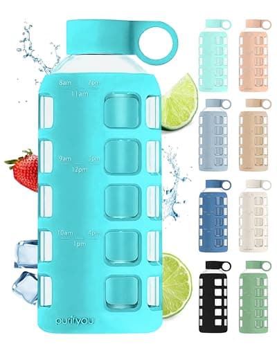 purifyou 40oz / 32oz / 22oz / 12oz Borosilicate Glass Water Bottle with Time & Volume Markers, Silicone Sleeve, Stainless Steel Lid | Reusable Glass Bottle for Water & Juice (22oz Aqua Blue) - Image 1