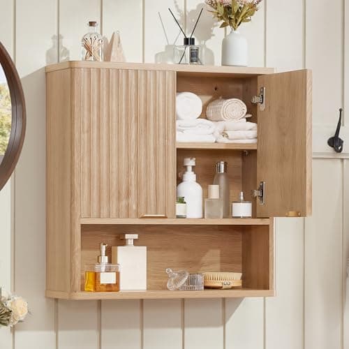 LEYAOYAO Fluted Bathroom Wall Cabinet, Wall-Mounted Medicine Cabinet with Adjustable Shelf & Doors, Farmhouse Floating Over the Toilet Storage Cabinets for Laundry Room, Kitchen, Living Room (Natural) - Image 1