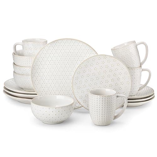 MALACASA 16 Pieces Dinnerware Sets, Modern Relief Design Plates and Bowls Sets, White Dish Set for 4, Kitchen Ceramic Dinner Plates Dishware Set, Microwave and Dishwasher Safe, Series LYDIA - Image 1