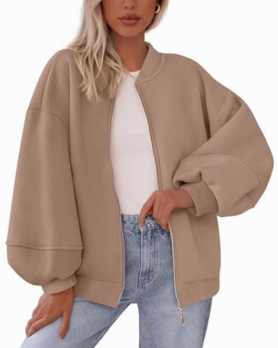 KIRUNDO Oversized Sweatshirt for Women Zip Up Bomber Jacket 2026 Fall Fashion Casual Long Sleeve Outerwear Winter Outfits(Khaki, Medium) - Image 1