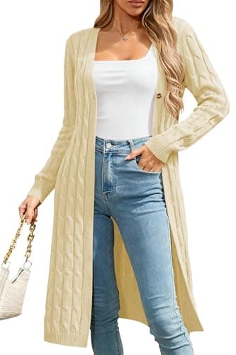 Cakulo Womens Long Cardigans Cable Knit Chunky Cardigan Sweaters Open Front Fall Winter Fashion Outfits Coats 2025 Apricot M - Image 1