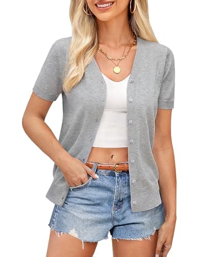 GRACE KARIN Short Sleeve Cardigans for Women Plus Size Lightweight Summer Open Front Button Down V-Neck Sweaters Top (Light Gray Short Sleeve,2XL) - Image 1