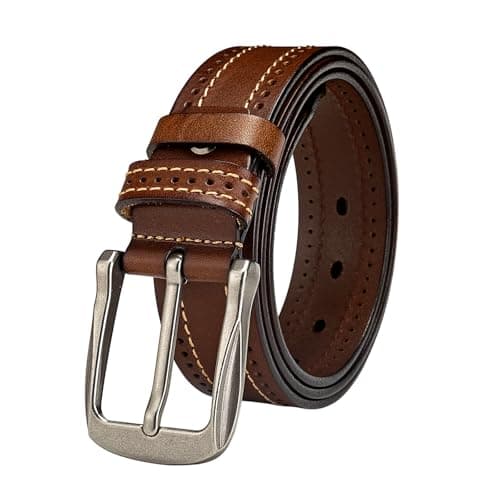 Rollslatte Full Grain Genuine Mens Leather Belts Gifts, Light Tan Vintage Western Cowboy Belt Retro Silver Buckle, 1.5 In Wide Khaki Premium Top-Grain Real Leather Men Casual Belt Size 36 - Image 1