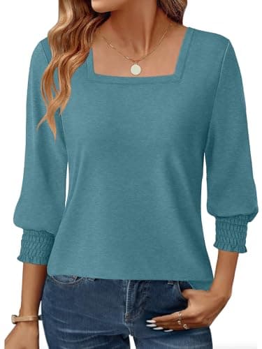 GKBK Womens 3/4 Sleeve Shirts Square Neck Dressy Casual Blouses Spring Summer Smocked Cuffs Tops - Image 1