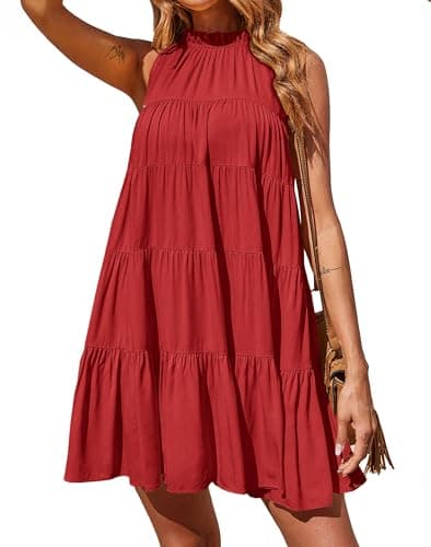 Okiwam Womens Summer Dress 2026 Sleeveless Halter Neck Flowy Mini Sundress Casual Babydoll Spring Beach Vacation Clothes-S Red - Image 1