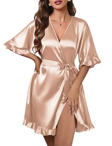 Ekouaer Silk Robes for Women Short Lightweight Bathrobe Ruffled Satin Kimono Robes Sexy Bride Bridesmaid Sleepwear Khaki L - Image 1