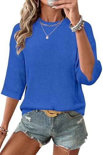 Arach&Cloz 2026 Women's Cotton Spring Summer Crochet Tops Crew Neck 3/4 Half Drop Short Sleeve Hollow Out Oversized Resort Wear Sweater Casual Vacation Outfits Fashion Trendy Shirts Royal Blue M - Image 1
