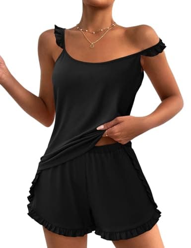 JUSTFASHIONNOW Womens Pajama Sets Shorts Summer Cute Ruffle Cami Shorts Set Soft Lounge Sets Camisole Lingerie 2 Piece Casual Loungewear Comfy Pj Set Sexy Nightwear (Black, Small) - Image 1