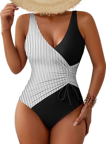 Pink Queen Women Swimsuit Summer One Piece Simwear Sexy Drawstring Straps Colorblock V Neck Bathing Suit Tummy Control Swim Wear 2026 S Black Stripe - Image 1