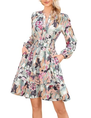 Spring Dresses for Women 2026,Casual Long Sleeve Floral Mini Dress,Green Floral Wedding Guest Dress L - Image 1