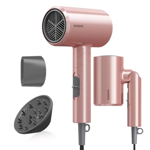 BABONIR Ionic Diffuser Hair Dryer for Curly Hair, 1875W Fast Drying Blow Dryer with Diffuser and Concentrator Nozzle, Compact & Portable Negative Ion Hairdryer Blowdryer, 3 Heat 2 Speed Settings, Pink - Image 1