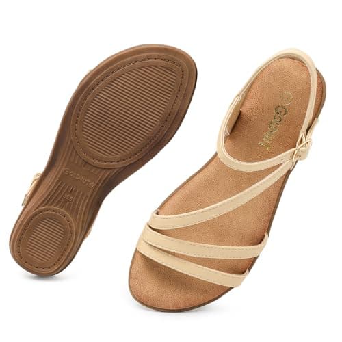 Goldnut Comfortable Flats Beige Sandals for Women Dressy Strappy Flats Ankle Strap Buckle Walking Casual Apricot Sandal size 6 - Image 1