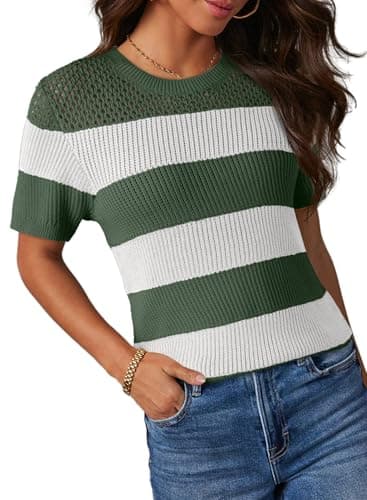 Dokotoo Summer Tops for Women Casual Short Sleeve Knit T Shirts 2025 Fashion Color Block Round Neck Striped Pullover Top Blouses Womens Spring Blouse Green XX-Large - Image 1