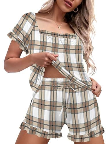 StunShow Woman Pajama Set Sleep Shirts Womens Lounge Shorts Bamboo Pjs Womens Short Sets Plaid XL - Image 1