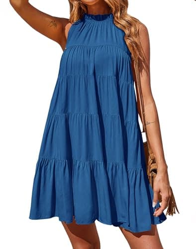 Okiwam Womens Summer Dress 2026 Sleeveless Halter Neck Flowy Mini Sundress Casual Babydoll Spring Beach Vacation Clothes-S Dark Blue - Image 1