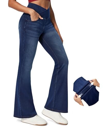 IUGA High Waisted Bell Bottom Jeans for Women Flare Stretchy Jeans Pull On Wide Leg Jean Woman V Cross Flare Leggings Pants(Whiskers Dark Wash, 31", X-Large) - Image 1