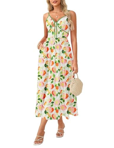 GRACE KARIN Womens Summer Floral Sundresses Spaghetti Strap Maxi Boho Beach Dress Wedding Guest Fashion Clothes with Pockets Pink Green Floral L - Image 1