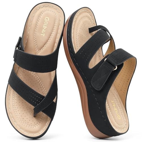 Goldnut Thong Sandals for Women Wedge Shoes: Comfortable Dressy Sandals Arch Support Summer Flip Flops Wedges Black Size 6 - Image 1