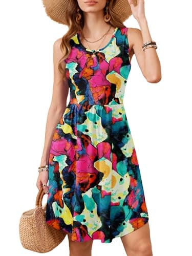 Moodclo Women's Summer Casual Tank Dress Multicolored Large 2026 Sleeveless Sundress with Pockets Knee Length Beach Travel - Image 1