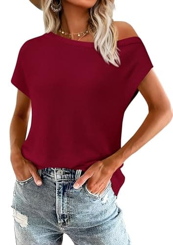 PRETTYGARDEN Womens Off The Shoulder Tops 2026 Summer Casual Short Sleeve Tunic T Shirts Lightweight Knit Sweaters (Wine Red,Large) - Image 1