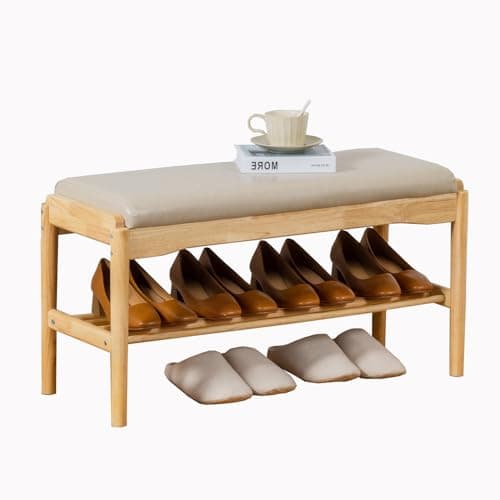 latifolia Small Shoe Bench, Solid Wood Bench with Cushion, 2 Tier Shoe Storage Organizer for Entryway(Nature,31.50''L) - Image 1