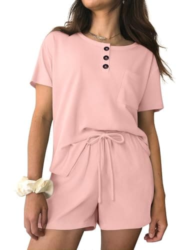 Ekouaer Womens Pajama Sets 2 Piece Ribbed Knit Pjs Short Sleeve Soft Sleepwear Summer Lounge Sets,Light Pink,S - Image 1