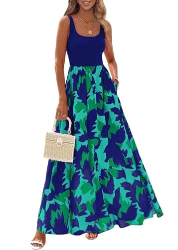 KIRUNDO Women Summer Sleeveless Boho Floral Maxi Dress 2026 Scoop Neck Tank A Line Flowy Beach Vacation Resort Wear Sundress(Blue Green, X-Large) - Image 1