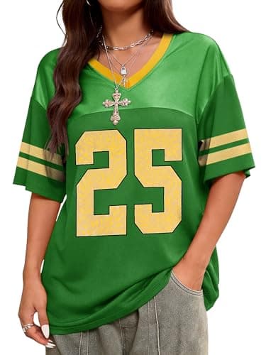 TAKEYAL Jersey Shirts for Women V Neck Oversized Graphic Tshirts Vintage Streetwear Summer Y2K Tops Trendy Large Green - Image 1