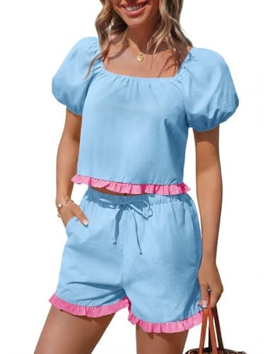 Tankaneo Womens 2 Piece Short Sets Summer Puff Sleeve Square Neck Babydoll Tops Cute Lounge Set Cotton Vacation Outfits - Image 1