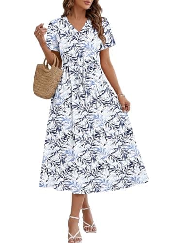 MOLERANI Casual Summer Dresses for Women Drawstring Maxi Dresses V Neck Short Sleeve Long Dress with Pockets, Blue Perch Leaf, S - Image 1