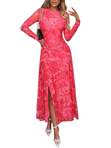 ECOWISH Long Sleeve Midi Formal Dress Women Fall Ruched Bodycon Party Cocktail Club Mesh Dresses Crewneck Floral Tie Dye Slit Pink Floral Medium - Image 1