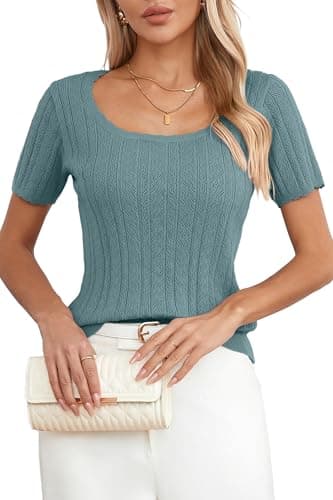 Arach&Cloz Women Trendy 2025 Spring Short Sleeve Square Neck Fashion T Shirts Knit Pullover Sweater Business Casual Dressy Summer Tops Grey Blue - Image 1
