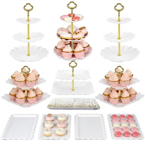 Pack of 10 NWK Cake Stand Set, with 3 x Two-Tier and 3 x Three-Tier Cupcake Stands, 4 x Appetizer Trays, 1 x Tablecloth for Birthday Bridal Baby Shower Party (Gold) - Image 1