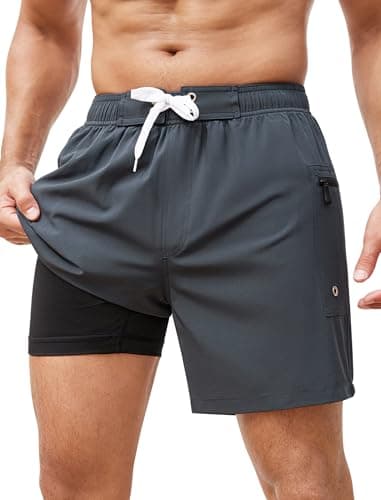 SILKWORLD Swim Trunks for Men Compression Lined Swimsuit 6 in Swimming Shorts Quick-Dry Bathing Suits with Zipper Pocket, Charcoal Grey, XX-Large - Image 1