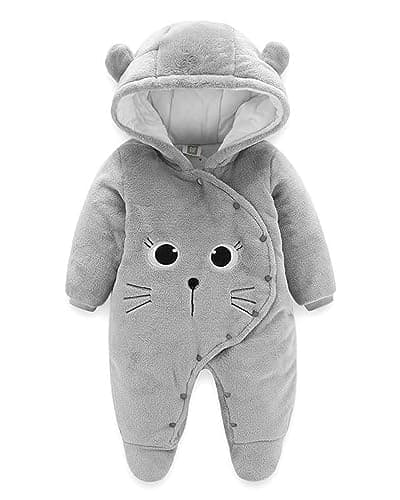 JiAmy Newborn Baby Winter Hooded Romper Fleece Snowsuit Jumpsuit Cartoon Cat Outfits Grey 3-6 Months - Image 1