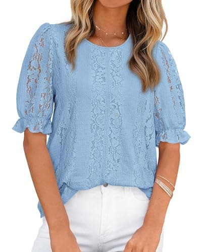 KIRUNDO Lace Tops for Women Trendy 2026 Summer Cruise Blouse Dressy Casual Hollow Out Short Sleeve Shirts Beach Vacation(Light Blue, Small) - Image 1