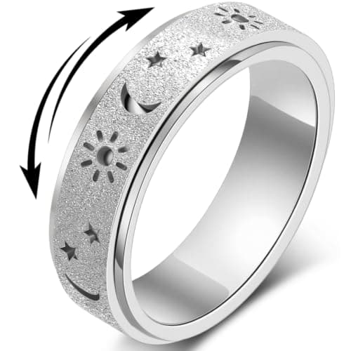 Fidget Toys Adults Anxiety Ring-Fidget Ring Women Men Stress Relief Spinner Fidget Toys Stainless Steel Band with Hollowed Sun Moon Star Sandblasted Surface 6mm Width,18K Gold/Silver Size 6-11 Unisex
