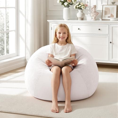 Homguava 2FT Bean Bag Chairs Teardrop BeanBag Chair Comfy Memory Foam Bean Bags for Teens Two-Tone Distressed Velvet & Corduroy Washable Cover for Living Room, Home (Corduroy, White) - Image 1