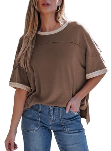 Dokotoo Shirts for Women Casual Crew-Neck 3/4 Sleeve Shirts Fashion Side Slits Color Block Lightweight Loose Fit Blouses Comfy Oversized T Shirts 2026 Summer Outifits Coffee Tops Large - Image 1
